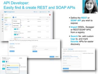 API Developer:
Easily find & create REST and SOAP APIs
 Define the REST or
SOAP API you wish to
expose
 Import WSDL, Swagger
or REST/SOAP APIs
from a registry
 Search for, add custom
tags to, and mark
favorite APIs for easier
discovery
 