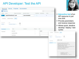 API Developer: Test the API
 Interactive test of an
API resource in just
one click
 Provide parameters
and receive response
 Allows quick, iterative
develop / deploy / test
cycles
 