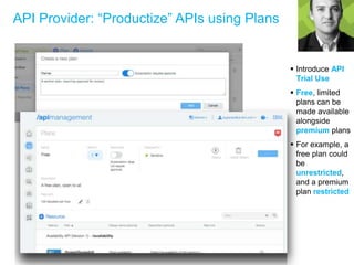 API Provider: “Productize” APIs using Plans
 Introduce API
Trial Use
 Free, limited
plans can be
made available
alongside
premium plans
 For example, a
free plan could
be
unrestricted,
and a premium
plan restricted
 