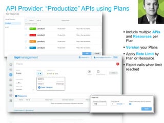 API Provider: “Productize” APIs using Plans
 Include multiple APIs
and Resources per
Plan
 Version your Plans
 Apply Rate Limit by
Plan or Resource
 Reject calls when limit
reached
 