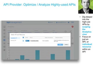 API Provider: Optimize / Analyze Highly-used APIs
• Dig deeper
into the
high-use
APIs by
scoping
the
Analytics
view
• Focus on
just an
API, or
individual
resource
within an
API
 