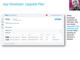 App Developer: Upgrade Plan
When
developer
outgrows the
free plan, they
can simply
upgrade to the
premium plan
via the Portal –
pending an
approval
process if
desired
 