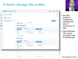 IT Admin: Manage SSL profiles
 Use SSL
profiles to
manage SSL
certificates for
secure
transmission of
data
 Add certificates,
SSL version
and cipher suite
to API Manager
* Not applicable to SaaS
 