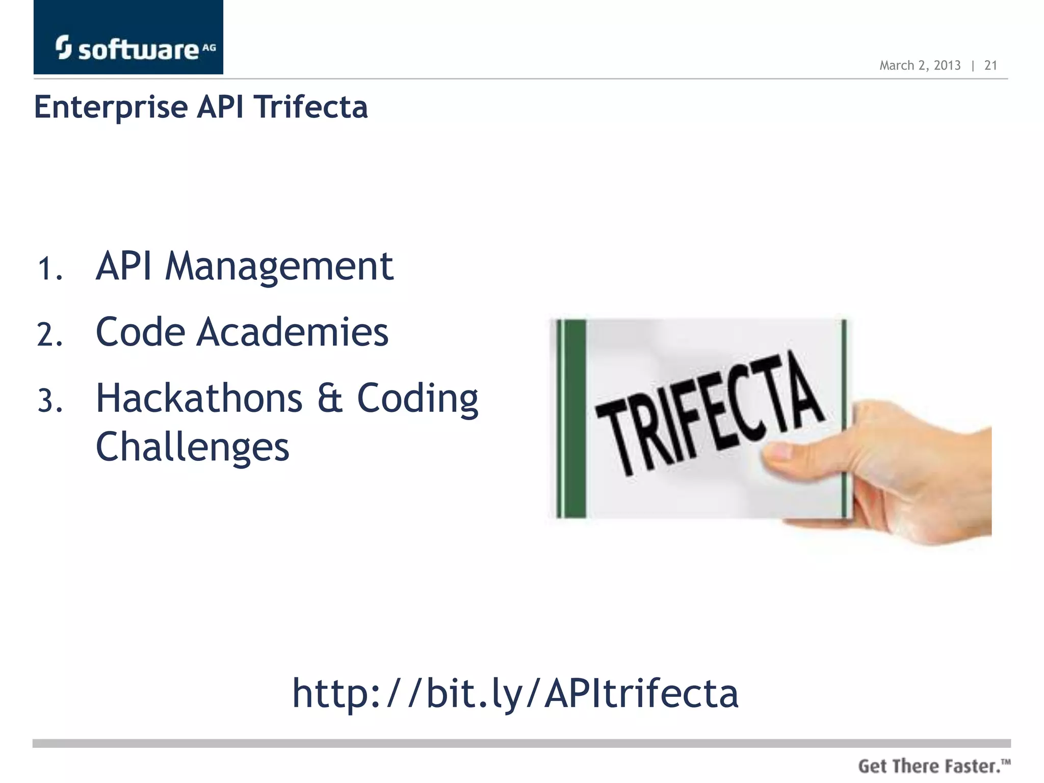 March 2, 2013 | 21


Enterprise API Trifecta




1.   API Management
2.   Code Academies
3.   Hackathons & Coding
     Challenges




                 http://bit.ly/APItrifecta
 