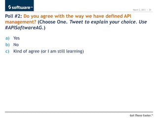March 2, 2013 | 20


Poll #2: Do you agree with the way we have defined API
management? (Choose One. Tweet to explain your choice. Use
#APISoftwareAG.)

a) Yes
b) No
c) Kind of agree (or I am still learning)
 