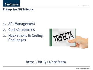 March 2, 2013 | 21


Enterprise API Trifecta




1.   API Management
2.   Code Academies
3.   Hackathons & Coding
     Challenges




                 http://bit.ly/APItrifecta
 