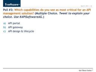 March 2, 2013 | 24


Poll #3: Which capabilities do you see as most critical for an API
management solution? (Multiple Choice. Tweet to explain your
choice. Use #APISoftwareAG.)

a) API portal
b) API gateway
c) API design & lifecycle
 