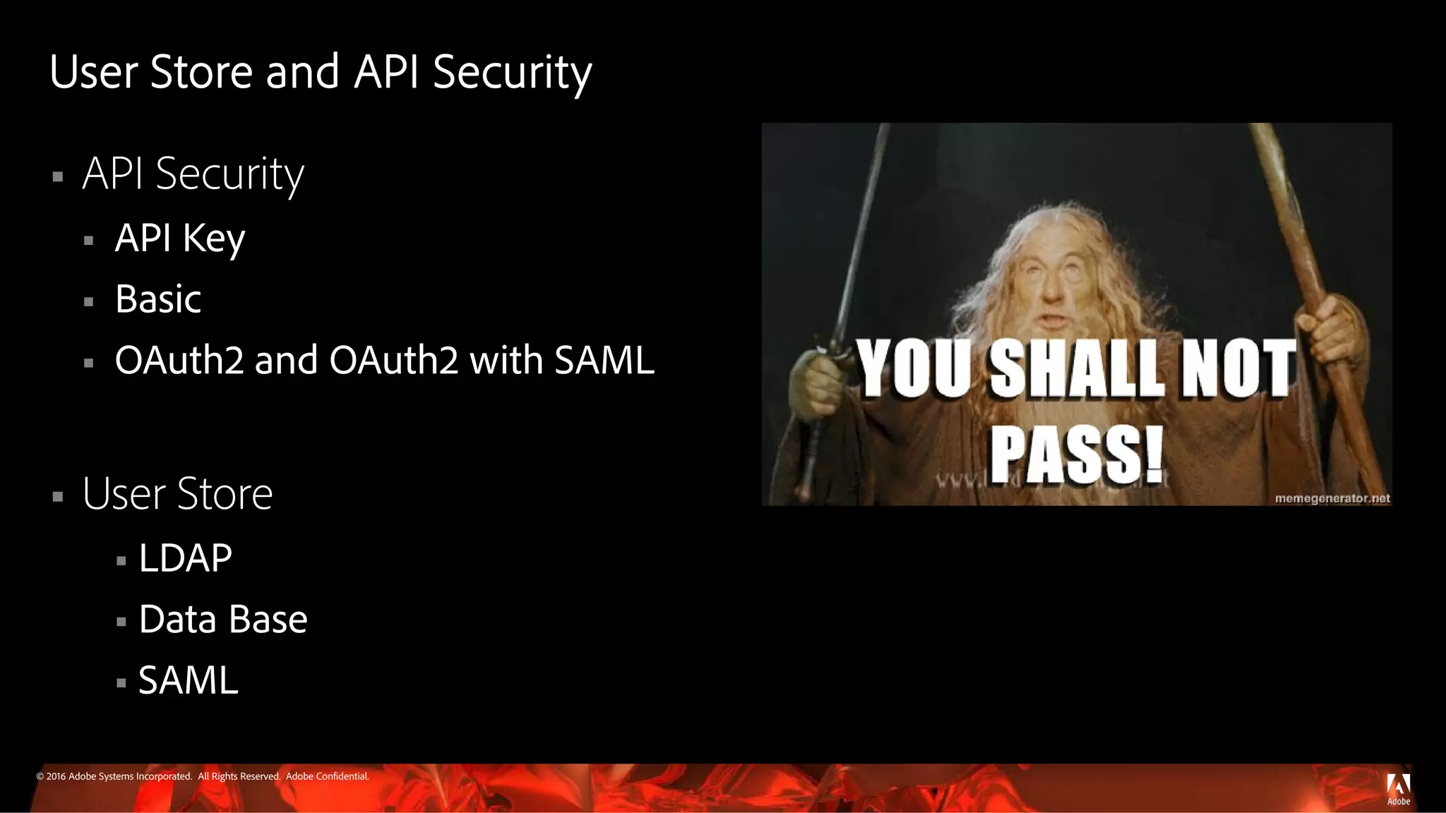 © 2016 Adobe Systems Incorporated. All Rights Reserved. Adobe Confidential.
User Store and API Security
 API Security
 API Key
 Basic
 OAuth2 and OAuth2 with SAML
 User Store
 LDAP
 Data Base
 SAML
 