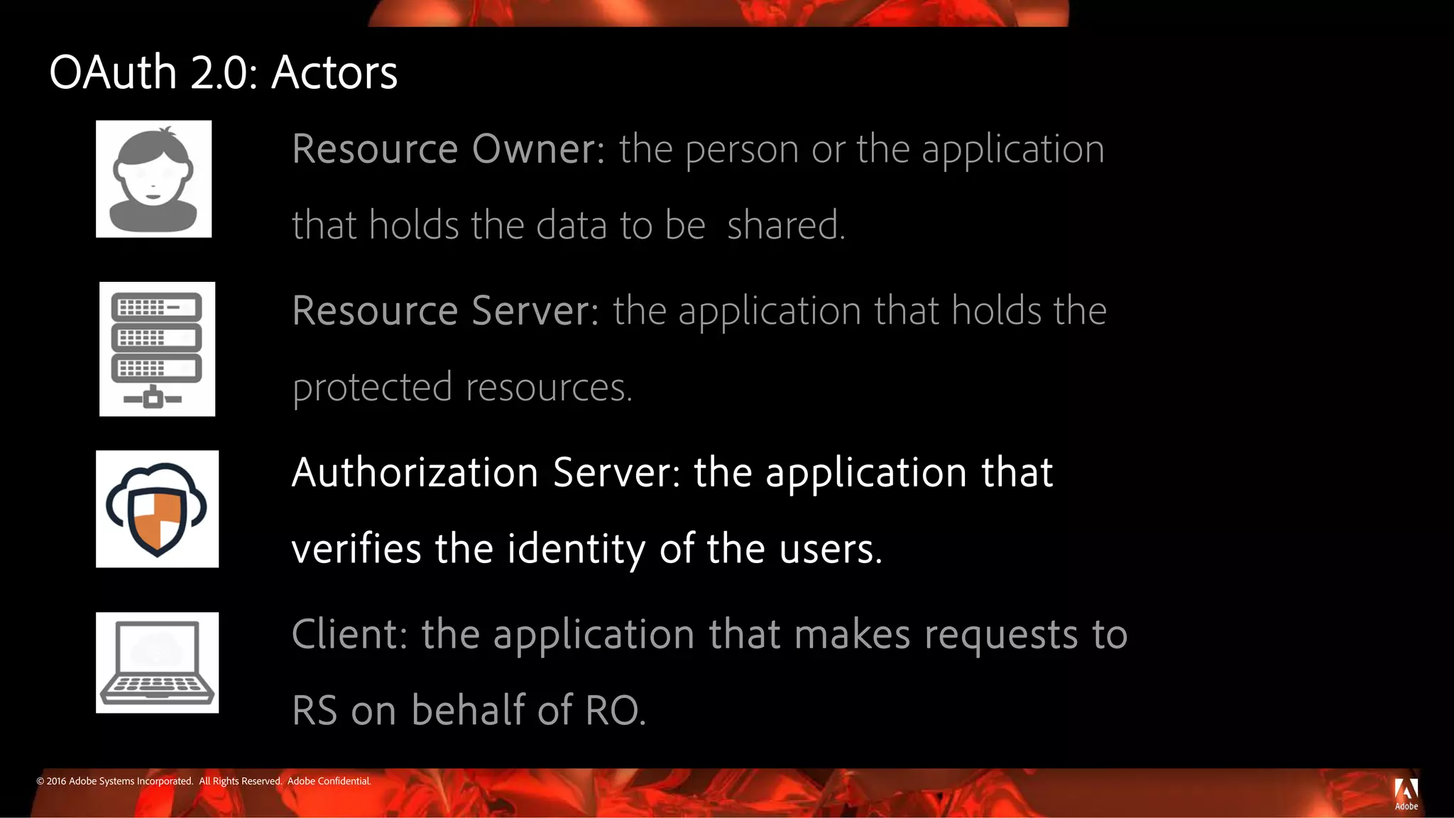 © 2016 Adobe Systems Incorporated. All Rights Reserved. Adobe Confidential.
Resource Owner: the person or the application
that holds the data to be shared.
Resource Server: the application that holds the
protected resources.
Authorization Server: the application that
verifies the identity of the users.
Client: the application that makes requests to
RS on behalf of RO.
OAuth 2.0: Actors
 