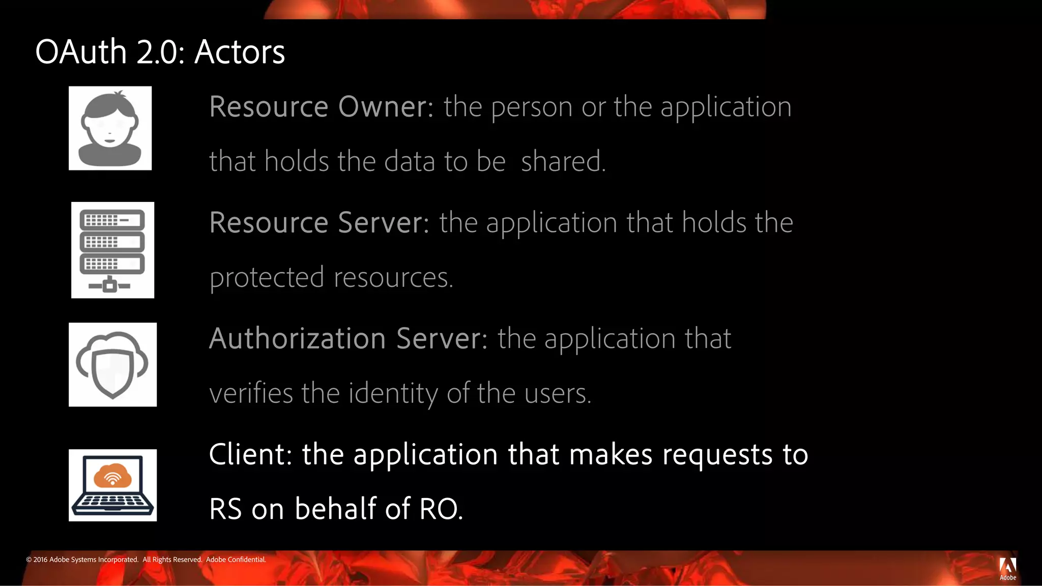 © 2016 Adobe Systems Incorporated. All Rights Reserved. Adobe Confidential.
Resource Owner: the person or the application
that holds the data to be shared.
Resource Server: the application that holds the
protected resources.
Authorization Server: the application that
verifies the identity of the users.
Client: the application that makes requests to
RS on behalf of RO.
OAuth 2.0: Actors
 