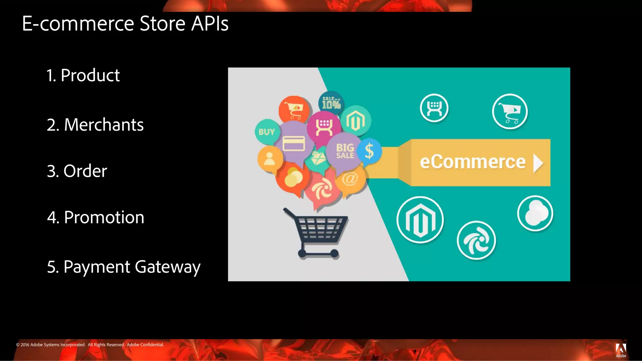 © 2016 Adobe Systems Incorporated. All Rights Reserved. Adobe Confidential.
E-commerce Store APIs
1. Product
2. Merchants
3. Order
4. Promotion
5. Payment Gateway
 