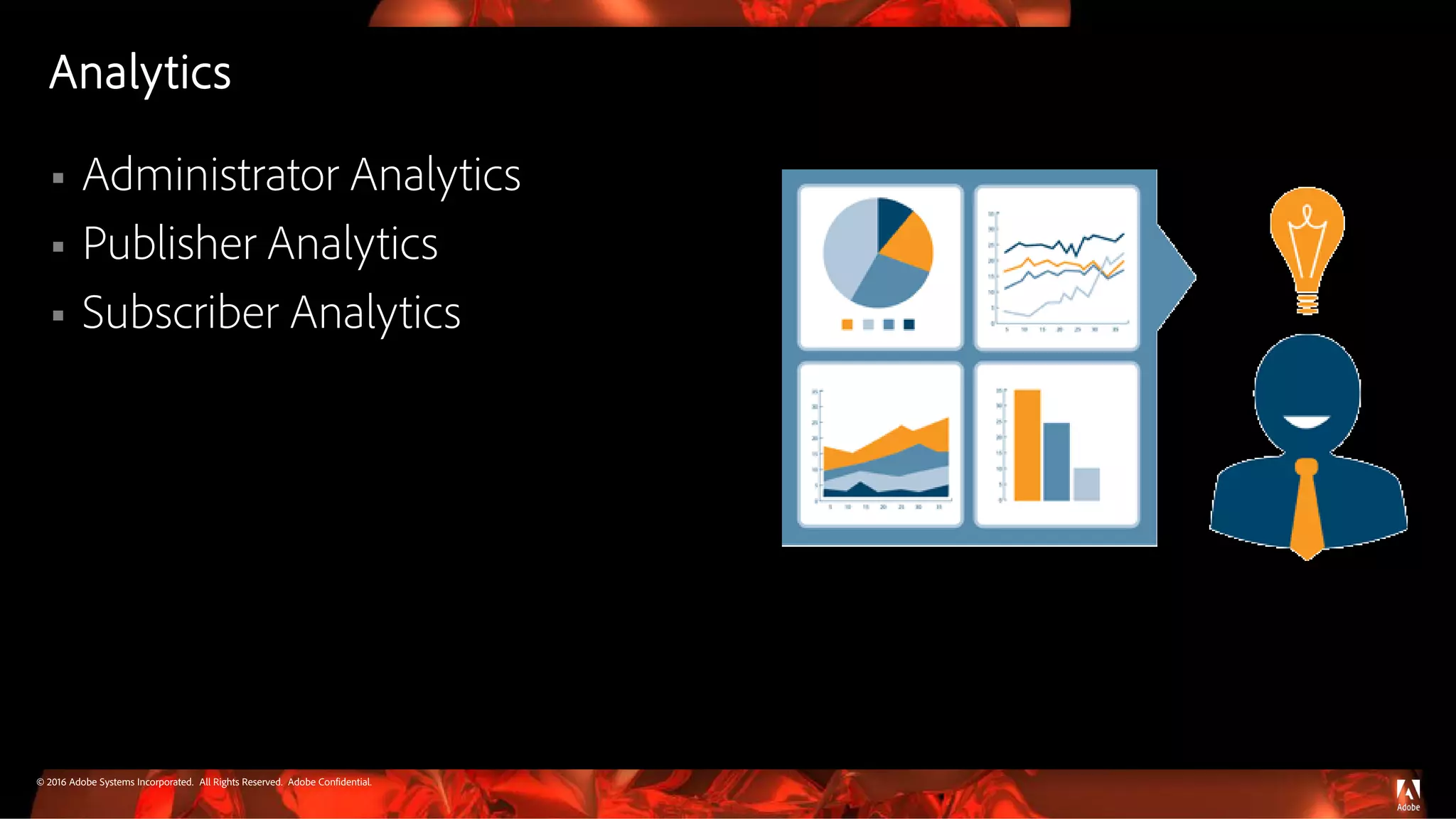 © 2016 Adobe Systems Incorporated. All Rights Reserved. Adobe Confidential.
Analytics
 Administrator Analytics
 Publisher Analytics
 Subscriber Analytics
 