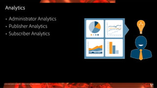 © 2016 Adobe Systems Incorporated. All Rights Reserved. Adobe Confidential.
Analytics
 Administrator Analytics
 Publisher Analytics
 Subscriber Analytics
 