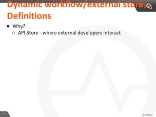 **
Dynamic workflow/external store
Definitions
● Why?
○ API Store - where external developers interact
 