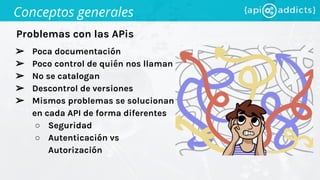 ➢ Poca documentación
➢ Poco control de quién nos llaman
➢ No se catalogan
➢ Descontrol de versiones
➢ Mismos problemas se solucionan
en cada API de forma diferentes
○ Seguridad
○ Autenticación vs
Autorización
Conceptos generales
Problemas con las APis
 