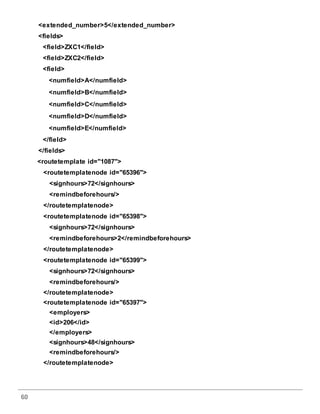 60
<extended_number>5</extended_number>
<fields>
<field>ZXC1</field>
<field>ZXC2</field>
<field>
<numfield>A</numfield>
<numfield>B</numfield>
<numfield>C</numfield>
<numfield>D</numfield>
<numfield>E</numfield>
</field>
</fields>
<routetemplate id="1087">
<routetemplatenode id="65396">
<signhours>72</signhours>
<remindbeforehours/>
</routetemplatenode>
<routetemplatenode id="65398">
<signhours>72</signhours>
<remindbeforehours>2</remindbeforehours>
</routetemplatenode>
<routetemplatenode id="65399">
<signhours>72</signhours>
<remindbeforehours/>
</routetemplatenode>
<routetemplatenode id="65397">
<employers>
<id>206</id>
</employers>
<signhours>48</signhours>
<remindbeforehours/>
</routetemplatenode>
 