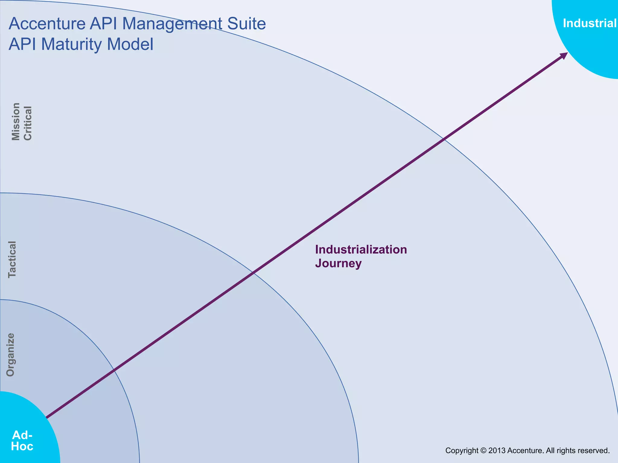 Accenture API Management Suite
API Maturity Model

Industrialization
Journey

Organize

Tactical

Mission
Critical

Industrial

AdHoc

Copyright © 2013 Accenture. All rights reserved.

 