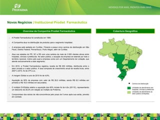 Novos Negócios | Institucional Prodiet Farmacêutica

                  Overview da Companhia Prodiet Farmacêutica                                           Cobertura Geográfica

 o   A Prodiet Farmacêutica foi constituída em 1990;

 o   A Companhia atua na distribuição de produtos para o segmento hospitalar;

 o   A empresa está sediada em Curitiba / Paraná e possui cinco centros de distribuição em São
     Paulo, Distrito Federal, Pernambuco, Porto Alegre, além de Curitiba;

 o   Atua nos estados do PR, SC e RS com uma carteira de mais de 3.500 clientes ativos entre
     hospitais, clinicas e prefeituras. No setor público, a atuação da empresa se estende por todo o
     território nacional, motivo pelo qual a empresa conta com um Departamento de Licitação, que
     atende exclusivamente a este segmento;

 o   Em 2010, a Prodiet Farmacêutica registrou receita de R$ 200 milhões, distribuída entre o
     setor privado e o setor público. A taxa composta de crescimento anual da receita bruta, entre
     2007 e 2010, foi de 37% a.a.;

 o   A margem Ebitda no ano de 2010 foi de 4,6%;

 o   Aquisição de 60% da empresa com valor de R$ 26,0 milhões, sendo R$ 8,0 milhões em
     primária e R$ 18,0 milhões em secundária;
                                                                                                                      Centros de distribuição

 o   O múltiplo EV/Ebitda relativo a aquisição dos 60% iniciais foi de 4,6x (2011E), representando                    Unidades de atendimento aos
     um desconto de 29,2% em relação ao múltiplo da Profarma;                                                         hospitais, clínicas e prefeituras
                                                                                                                      Unidades de atendimento ao
                                                                                                                      setor público (licitações)
 o   Compromisso dos sócios de não-concorrência pelo prazo de 5 anos após sua saída, previsto
     em contrato.




                                                                                                                                                          21
 