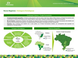 Novos Negócios | Vantagens Estratégicas

                                                  Combinado Profarma + Prodiet Farmacêutica

 o   Complementariedade geográfica: a Profarma está presente no Rio de Janeiro, São Paulo, Bahia e Minas Gerais e a Prodiet Farmacêutica está
     concentrada no Paraná, Rio Grande do Sul e Santa Catarina, sendo assim, bastante complementar ao negócio da Companhia;
 o   Mix de Produtos: atualmente a Profarma não trabalha com algumas linhas de produtos hospitalares e a Prodiet Farmacêutica não trabalha com
     algumas linhas de produtos farmacêuticos, consequentemente haverá ganho de sinergia nas duas Companhias;
 o   Expertise: hoje a Profarma não trabalha com o setor público, já a Prodiet Farmacêutica trabalha, por consequência esta aquisição nos
     ingressará no mercado público.


               Vantagens Estratégicas                                                             Cobertura Geográfica

                                                                                                                     Profarma + Prodiet Farmacêutica
                     Entre as Maiores                                                Profarma
                       Empresas do
                      Setor no Brasil
                                                                                  Centros de Distribuição e

 Complementaridade                      Complementaridade                         atendimento do segmento
                                                                                  Hospitalar
     de Linha                               de Área
                                                                                  Atendimento do segmento
                                           de Atuação                             Hospitalar


                            +                  Novos
     Sinergia na                             Negócios
      Operação                             representarão
                         Ganho              mais de10%
                     Significativo de          da Cia                                  Prodiet
                     Market Share no
                     Setor Hospitalar                                            Centro de Distribuição
                                                                                 Unidades de atendimento aos
                                                                                 hospitais, clínicas e prefeituras
                                                                                                                                            Centro de Distribuição /
                                                                                                                                            Atendimento
                                                                                 Unidades de atendimento ao
                                                                                 setor público (licitações)                                 Atendimento ao Segmento
                                                                                                                                            Hospitalar e Vacinas

                                                                                                                                                                       22
 