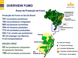 787 municípios produtores 
184 mil produtores integrados 
985 mil pessoas envolvidas 
354 mil hectares plantados 
775 mil toneladas produzidas 
R$3.1 bn receita aos produtores 
30 mil emprego nas fábricas 
4 mil transportadores 
NORDESTE 
FFuummoo OOrriieennttaall: 
-- CCiiggaarrrrooss 
FFuummoo DDaarrkk: 
-- CChhaarruuttooss ee CCiiggaarrrrooss 
SUL 
ÁÁrreeaass ddee PPrroodduuççããoo 
33 CCeennttrrooss ddee PPrroodduuççããoo 
22 AArrmmaazzéénnss RReeffrriiggeerraaddooss 
22 FFaazzeennddaass ddee RReefflloorreessttaammeennttoo 
RR && DD CCeenntteerr -- ((PPoorrttoo AAlleeggrree)) 
RRiioo NNeeggrroo 
PPaarraannáá 
SSaannttaa CCaattaarriinnaa 
BBlluummeennaauu 
SSaannttaa CCrruuzz ddoo SSuull 
RRiioo 
GGrraannddee ddoo SSuull 
FFuummoo 
VViirrggiinniiaa//BBuurrlleeyy//CCoommuumm: 
-- CCiiggaarrrrooss 
OVERVIEW FUMO 
Áreas de Produção de Fumo 
Produção de Fumo no Sul do Brasil 
SOUZA CRUZ 
43 mil produtores integrados 
de pequenas fazendas 
190 mil toneladas produzidas 
 