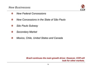 New Businesses

     New Federal Concessions

     New Concessions in the State of São Paulo

     São Paulo Subway

     Secondary Market

     Mexico, Chile, United States and Canada




             Brazil continues the main growth driver. However, CCR will
                                                 look for other markets.
                                  14
 