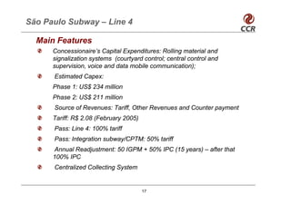 São Paulo Subway – Line 4

  Main Features
      Concessionaire’s Capital Expenditures: Rolling material and
      signalization systems (courtyard control; central control and
      supervision, voice and data mobile communication);
      Estimated Capex:
      Phase 1: US$ 234 million
      Phase 2: US$ 211 million
      Source of Revenues: Tariff, Other Revenues and Counter payment
      Tariff: R$ 2.08 (February 2005)
      Pass: Line 4: 100% tariff
      Pass: Integration subway/CPTM: 50% tariff
      Annual Readjustment: 50 IGPM + 50% IPC (15 years) – after that
      100% IPC
      Centralized Collecting System


                                        17
 