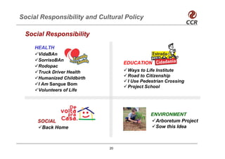 Social Responsibility and Cultural Policy

 Social Responsibility

     HEALTH
      VidaBAn
      SorrisoBAn
                                  EDUCATION
      Rodopac
      Truck Driver Health          Ways to Life Institute
                                   Road to Citizenship
      Humanized Childbirth
                                   I Use Pedestrian Crossing
      I Am Sangue Bom
                                   Project School
      Volunteers of Life




                                             ENVIRONMENT
      SOCIAL                                  Arboretum Project
       Back Home                              Sow this Idea



                             20
 
