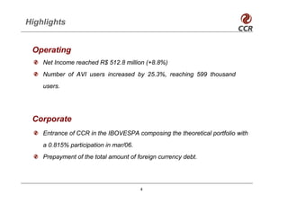 Highlights


 Operating
    Net Income reached R$ 512.8 million (+8.8%)
    Number of AVI users increased by 25.3%, reaching 599 thousand
    users.




 Corporate
    Entrance of CCR in the IBOVESPA composing the theoretical portfolio with
    a 0.815% participation in mar/06.
    Prepayment of the total amount of foreign currency debt.




                                        4
 