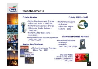 Reconhecimento

Prêmio Abradee                                     Prêmio ANEEL - IASC

    • Melhor Distribuidora de Energia   • Melhor Distribuidora
      Elétrica do Brasil – 2000/2003      de Energia
    • Melhor Distribuidora de Energia     Elétrica da Região
      Elétrica da Região Sudeste –        Sudeste - 2003
      1999/2003
    • Melhor Gestão Operacional –
      2001/2003
                                               Prêmio Eletricidade Moderna
    • Responsabilidade Social Corporativa
      2002/2003/2004                    • Melhor Distribuidora
                                        de Energia
Revista IstoÉ Dinheiro                  do Brasil –
                                        2001/2002/2003/2004
        • Melhor Empresa de Energia e
          Gás do País - 2004

                                          Empresa Modelo
                                      “Guia Exame da Boa
                                   Cidadania Corporativa”
                                               2002/2003
                                                                         54
 