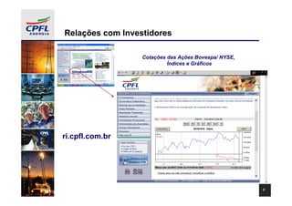 Relações com Investidores

[                     Cotações das Ações Bovespa/ NYSE,
P
o
l
                               Índices e Gráficos
í
t
i
c
a

d
e

P
r
i
v
a
c
i
d
a
d
e

e

T
e
    ri.cpfl.com.br
r
m
o
s

&

C
o
n
d
i
ç
õ
e
s
]
                                                          5
 