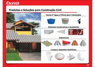 Produtos e Soluções para Construção Civil
                            Caixas d’ água e Filtros para Tubulações




                              Sistemas Construtivos e Acessórios




                                          Coberturas




                                 Louças e Assentos Sanitários




                                                                       15
 