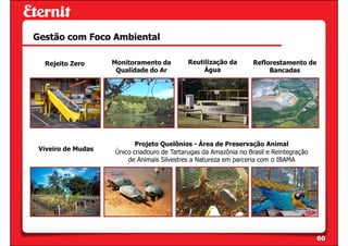 Gestão com Foco Ambiental

  Rejeito Zero      Monitoramento da        Reutilização da        Reflorestamento de
                     Qualidade do Ar             Água                   Bancadas




                           Projeto Quelônios - Área de Preservação Animal
 Viveiro de Mudas   Único criadouro de Tartarugas da Amazônia no Brasil e Reintegração
                        de Animais Silvestres a Natureza em parceria com o IBAMA




                                                                                         60
 