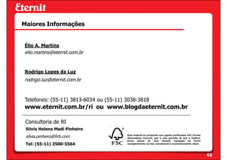 Maiores Informações


Élio A. Martins
elio.martins@eternit.com.br


Rodrigo Lopes da Luz
rodrigo.luz@eternit.com.br



Telefones: (55-11) 3813-6034 ou (55-11) 3038-3818
www.eternit.com.br/ri ou www.blogdaeternit.com.br

 Consultoria de RI
 Silvia Helena Madi Pinheiro
                                        Este material foi produzido com papeis certificados FSC (Forest
 silvia.pinheiro@firb.com               Stewardship Council), que é uma garantia de que a matéria-
                                        prima advém de uma floresta manejada de forma
 Tel: (55-11) 3500-5564                 ecologicamente correta, socialmente e economicamente viável.




                                                                                                          62
 