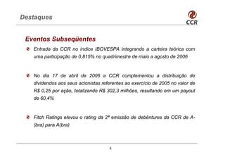 Destaques


 Eventos Subseqüentes
   Entrada da CCR no índice IBOVESPA integrando a carteira teórica com
   uma participação de 0,815% no quadrimestre de maio a agosto de 2006


   No dia 17 de abril de 2006 a CCR complementou a distribuição de
   dividendos aos seus acionistas referentes ao exercício de 2005 no valor de
   R$ 0,25 por ação, totalizando R$ 302,3 milhões, resultando em um payout
   de 60,4%


   Fitch Ratings elevou o rating da 2ª emissão de debêntures da CCR de A-
   (bra) para A(bra)



                                     6
 