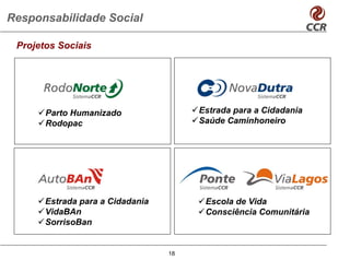 Responsabilidade Social

 Projetos Sociais




       Parto Humanizado                Estrada para a Cidadania
       Rodopac                         Saúde Caminhoneiro




       Estrada para a Cidadania         Escola de Vida
       VidaBAn                          Consciência Comunitária
       SorrisoBan


                                  18
 