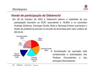 Destaques

Venda de participação da Odebrecht
Em 08 de Outubro de 2003 a Odebrecht alienou a totalidade de sua
 participação acionária na CCR, equivalente a 16,89% e os acionistas
 Andrade Gutierrez, Camargo Corrêa, Brisa e Serveng-Civilsan exerceram o
 direito de preferência previsto no Acordo de Acionistas pelo valor unitário de
 R$ 24,35.
       Serveng-Civilsan
            20,0%                          Brisa
                                           20,0%

          SVE
          5,1%

                                              Camargo Corrêa
                                                  20,0%
                                                           A formalização da operação está
   Demais
  acionistas
                                                            condicionada a autorizações dos
    15,8%                   Andrade                         Poderes Concedentes e dos
                            Gutierrez
                             19,1%                          principais financiadores.
IBrX   Odebrecht   Expo Money   Federais
 