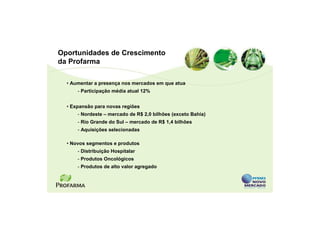 Oportunidades de Crescimento
da Profarma

  • Aumentar a presença nos mercados em que atua
      - Participação média atual 12%


  • Expansão para novas regiões
      - Nordeste – mercado de R$ 2,0 bilhões (exceto Bahia)
      - Rio Grande do Sul – mercado de R$ 1,4 bilhões
      - Aquisições selecionadas

  • Novos segmentos e produtos
      - Distribuição Hospitalar
      - Produtos Oncológicos
      - Produtos de alto valor agregado
 