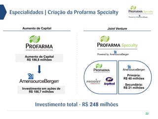 22
Especialidades | Criação da Profarma Specialty
Aumento de Capital
R$ 186,8 milhões
Primária:
R$ 40 milhões
Secundária:
R$ 21 milhões
Joint VentureAumento de Capital
Investimento total - R$ 248 milhões
Investimento em ações de
R$ 186,7 milhões
 