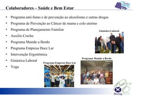 Colaboradores – Saúde e Bem Estar
• Programa anti-fumo e de prevenção ao alcoolismo e outras drogas
• Programa de Prevenção ao Câncer de mama e colo uterino
• Programa de Planejamento Familiar
• Auxílio Creche
• Programa Mamãe a Bordo
• Programa Empresa Doce Lar
• Intervenção Ergonômica
• Ginástica Laboral
• Yoga
Programa Mamãe a Bordo
Programa Empresa Doce Lar
Ginástica Laboral
 