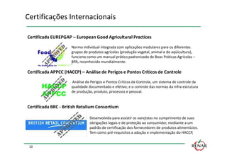 Certificações Internacionais

Certificada EUREPGAP – European Good Agricultural Practices

                     Norma individual integrada com aplicações modulares para os diferentes
                     grupos de produtos agrícolas (produção vegetal, animal e de aqüicultura),
                     funciona como um manual prático padronizado de Boas Práticas Agrícolas –
                     BPA, reconhecido mundialmente.

Certificada APPCC (HACCP) – Análise de Perigos e Pontos Críticos de Controle

                     Análise de Perigos e Pontos Críticos de Controle, um sistema de controle da
                     qualidade documentado e efetivo; e o controle das normas da infra-estrutura
                     de produção, produto, processos e pessoal.


Certificada BRC - British Retalium Consortium

                               Desenvolvida para assistir os varejistas no cumprimento de suas
                               obrigações legais e de proteção ao consumidor, mediante a um
                               padrão de certificação dos fornecedores de produtos alimentícios.
                               Tem como pré-requisitos a adoção e implementação do HACCP,


 10
 