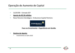 Operação de Aumento de Capital

 •    31/07/09 – Entrada ECP
 •    Aporte de R$ 20 milhões
 •    Novo Parceiro Estratégico : Endurance Capital Partners




                  Foco no Crescimento + Experiência em Gestão

 •    Destino do Aporte:
      •   Investimentos na Safra 2010




 26
 