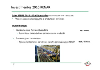 Investimentos 2010 RENAR

Safra RENAR 2010 : 60 mil toneladas (crescimento 36% vs.‘09 e 82% vs.‘08)
• Valores já contratados junto a produtores terceiros

Investimentos:
 • Equipamentos: Nova embaladora                                             R$ 1 milhão
      – Aumento na capacidade de escoamento da produção

 • Fomento para produtores
      – Adiantamentos feitos para tratos na safra com supervisão RENAR      R$ 6,7 Milhões




 27
 