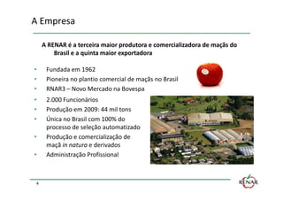 A Empresa

     A RENAR é a terceira maior produtora e comercializadora de maçãs do
         Brasil e a quinta maior exportadora

•     Fundada em 1962
•     Pioneira no plantio comercial de maçãs no Brasil
•     RNAR3 – Novo Mercado na Bovespa
•     2.000 Funcionários
•     Produção em 2009: 44 mil tons
•     Única no Brasil com 100% do
      processo de seleção automatizado
•     Produção e comercialização de
      maçã in natura e derivados
•     Administração Profissional



 4
 