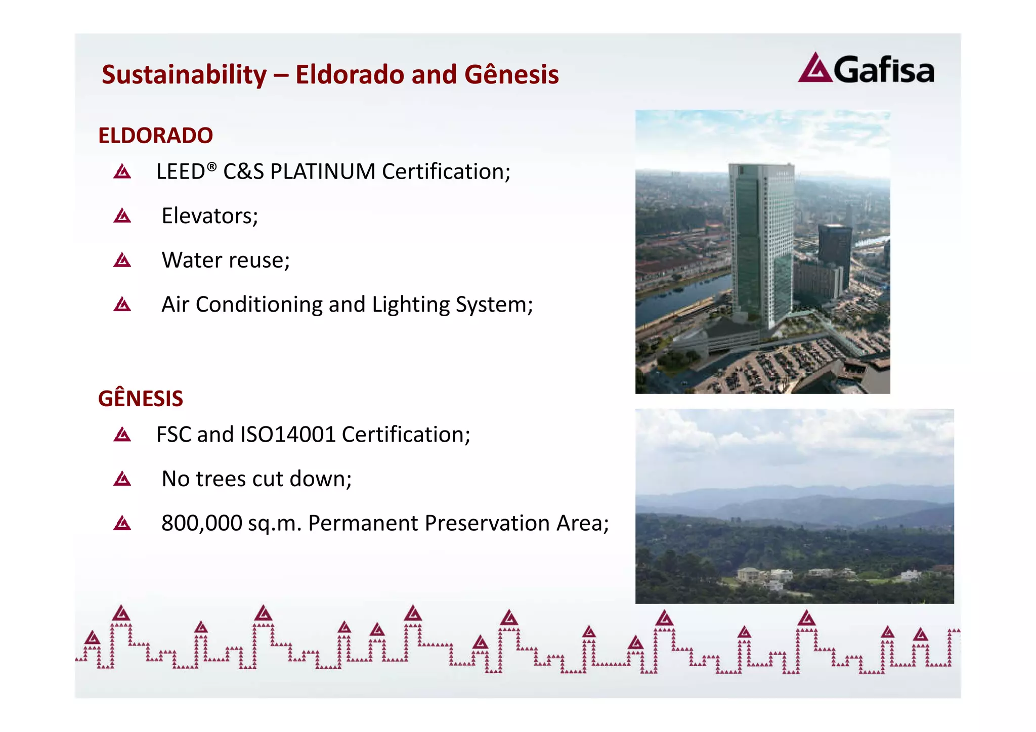 Sustainability – Eldorado and Gênesis

ELDORADO
    LEED® C&S PLATINUM Certification;
     Elevators;
     Water reuse;
     Air Conditioning and Lighting System;


GÊNESIS
    FSC and ISO14001 Certification;
     No trees cut down;
     800,000 sq.m. Permanent Preservation Area;
 