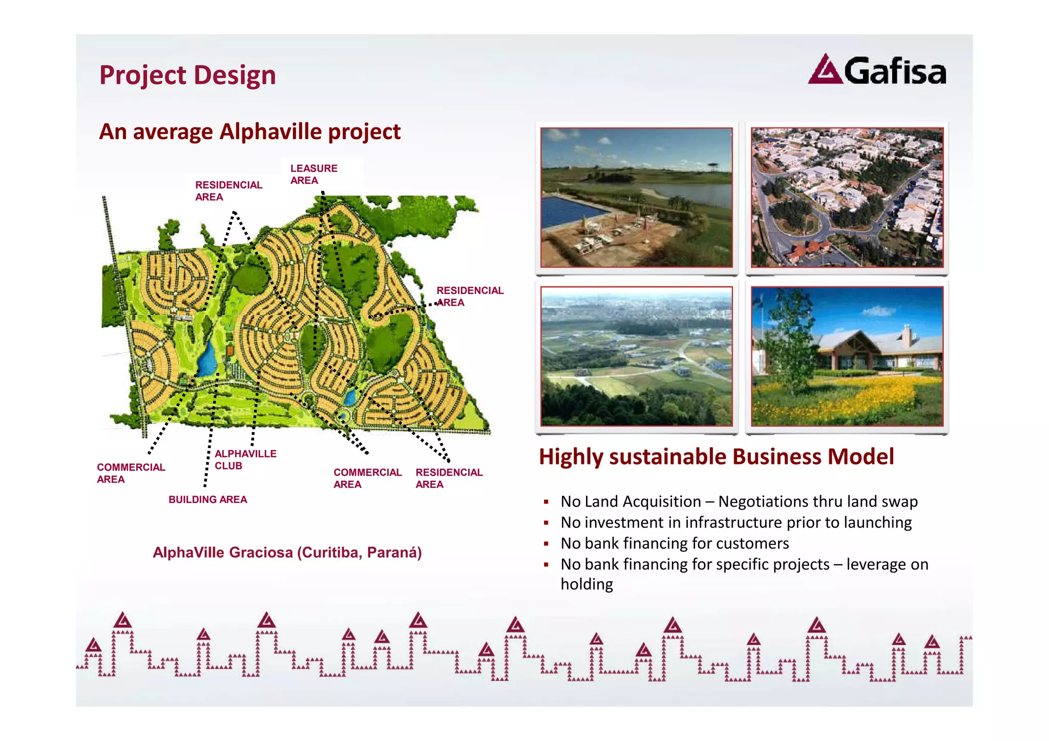 Project Design
An average Alphaville project
                                 LEASURE
                 RESIDENCIAL     AREA
                 AREA




                                                       RESIDENCIAL
                                                       AREA




COMMERCIAL
                    ALPHAVILLE
                    CLUB
                                       COMMERCIAL   RESIDENCIAL
                                                                     Highly sustainable Business Model
AREA
                                       AREA         AREA
             BUILDING AREA                                             No Land Acquisition – Negotiations thru land swap
                                                                       No investment in infrastructure prior to launching
                                                                       No bank financing for customers
        AlphaVille Graciosa (Curitiba, Paraná)
                                                                       No bank financing for specific projects – leverage on
                                                                       holding
 