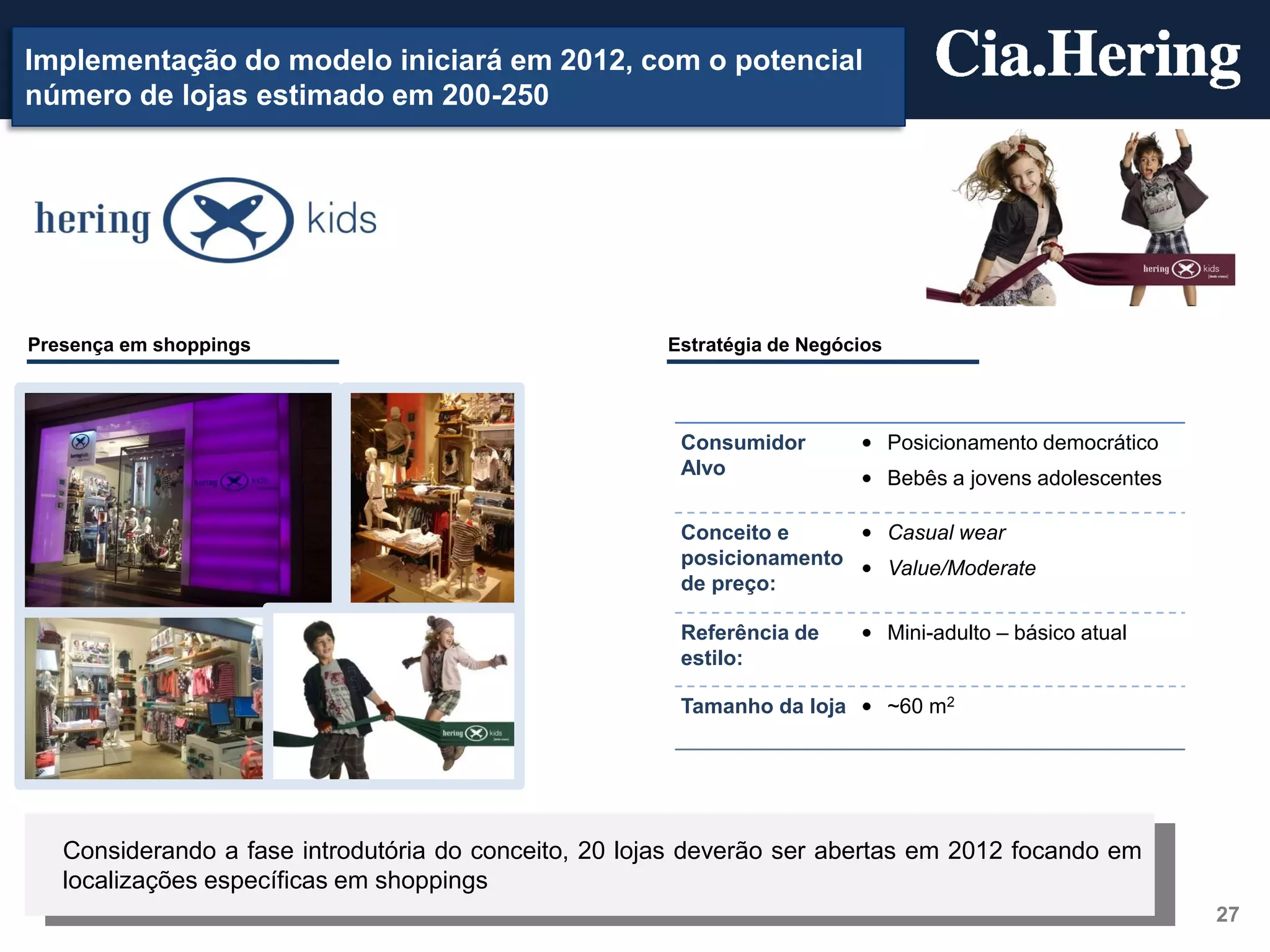 Implementação do modelo iniciará em 2012, com o potencial
número de lojas estimado em 200-250




Presença em shoppings                                  Estratégia de Negócios




                                                        Consumidor        • Posicionamento democrático
                                                        Alvo              • Bebês a jovens adolescentes

                                                        Conceito e     • Casual wear
                                                        posicionamento • Value/Moderate
                                                        de preço:

                                                        Referência de     • Mini-adulto – básico atual
                                                        estilo:

                                                        Tamanho da loja • ~60 m2




   Considerando a fase introdutória do conceito, 20 lojas deverão ser abertas em 2012 focando em
   localizações específicas em shoppings
                                                                                                          27
 