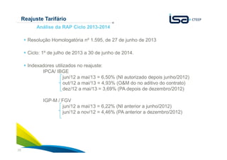 36
Reajuste Tarifário
Resolução Homologatória nº 1.595, de 27 de junho de 2013
Ciclo: 1º de julho de 2013 a 30 de junho de 2014.
Indexadores utilizados no reajuste:
IPCA/ IBGE
jun/12 a mai/13 = 6,50% (NI autorizado depois junho/2012)
out/12 a mai/13 = 4,93% (O&M do no aditivo do contrato)
dez/12 a mai/13 = 3,69% (PA depois de dezembro/2012)
IGP-M / FGV
jun/12 a mai/13 = 6,22% (NI anterior a junho/2012)
jun/12 a nov/12 = 4,46% (PA anterior a dezembro/2012)
Análise da RAP Ciclo 2013-2014
 
