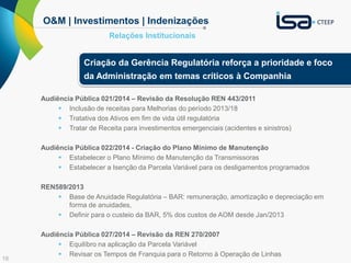 18
O&M | Investimentos | Indenizações
Relações Institucionais
Audiência Pública 021/2014 – Revisão da Resolução REN 443/2011
 Inclusão de receitas para Melhorias do período 2013/18
 Tratativa dos Ativos em fim de vida útil regulatória
 Tratar de Receita para investimentos emergenciais (acidentes e sinistros)
Audiência Pública 022/2014 - Criação do Plano Mínimo de Manutenção
 Estabelecer o Plano Mínimo de Manutenção da Transmissoras
 Estabelecer a Isenção da Parcela Variável para os desligamentos programados
REN589/2013
 Base de Anuidade Regulatória – BAR: remuneração, amortização e depreciação em
forma de anuidades,
 Definir para o custeio da BAR, 5% dos custos de AOM desde Jan/2013
Audiência Pública 027/2014 – Revisão da REN 270/2007
 Equilíbro na aplicação da Parcela Variável
 Revisar os Tempos de Franquia para o Retorno à Operação de Linhas
Criação da Gerência Regulatória reforça a prioridade e foco
da Administração em temas críticos à Companhia
 