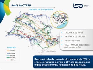 7
Perfil da CTEEP
Responsável pela transmissão de cerca de 25% da
energia produzida no País e 60% da consumida na
região sudeste e 98% no Estado de São Paulo.
 13.726 Km de linhas
 19.189 Km de circuitos
 107 subestações
 45.737 MVA de capacidade
de transformação
Data: 30/set/14
230 kV
138 kV
88 kV
440 kV
345 kV
Legenda
Sistema de Transmissão
 