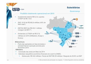 29
Governança
Investimento total de R$ 6,2 bi, aportes
CTEEP de R$ 1,6 bi
RAP 15/16 de R$ 682,8 milhões (45% da
RAP total*)
EBITDA 9M15 de R$ 403,1 milhões
(margem de 88%**)
Dividendos à CTEEP de R$ 27,6
milhões em 2015 (IEMadeira, IEJapi e
Evrecy)
IEGaranhuns
Parte das operações em fase de testes e
entrada final em operação prevista para
Novembro 2015
Subsidiárias
Portfólio totalmente operacional em 2015
E
S
P
BP
EA
L
IEMadeira
Conclusão das obras em Maio de 2014
Solicitado reequilíbrio econômico financeiro do Lote D à ANEEL
Sobrecusto: R$ 342 milhões / Perda de RAP R$ 251milhões / Reajuste de 26,8% na RAP
(*) Não ponderado pela participação nas coligadas (**) Ebitda Regulatório total das subsidiárias
 